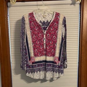 Women's Printed V-Neck Long Sleeve Top - Red/Navy